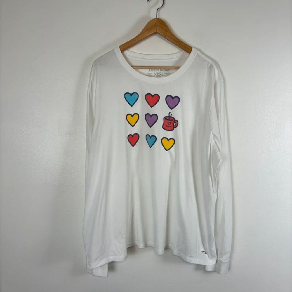 Life is Good Womens XXXL Hearts and a Mug Long Sleeve Crusher Tee White
